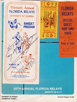 Jesse Owens and Frank Shorter Dual Signed 1973 Florida Relays Banquet Program With Ticket Stubs